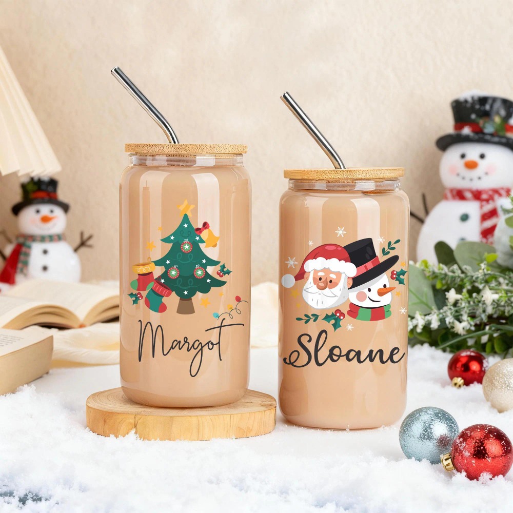 Coffee Equipment With Name - Vaso de cristal navideño con tapa